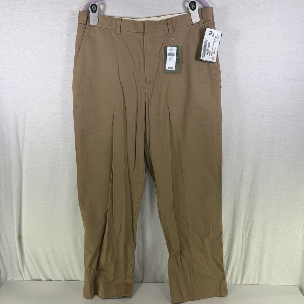 L.L.Bean Khaki Dress Pants Mens 36x30 Hidden Comfort Waist Cotton Chino Flat NWT